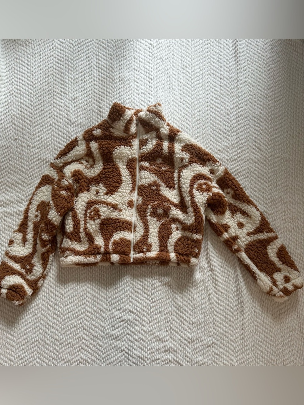 Hollister Brown Cream Printed Sherpa Zip Jacket Size S